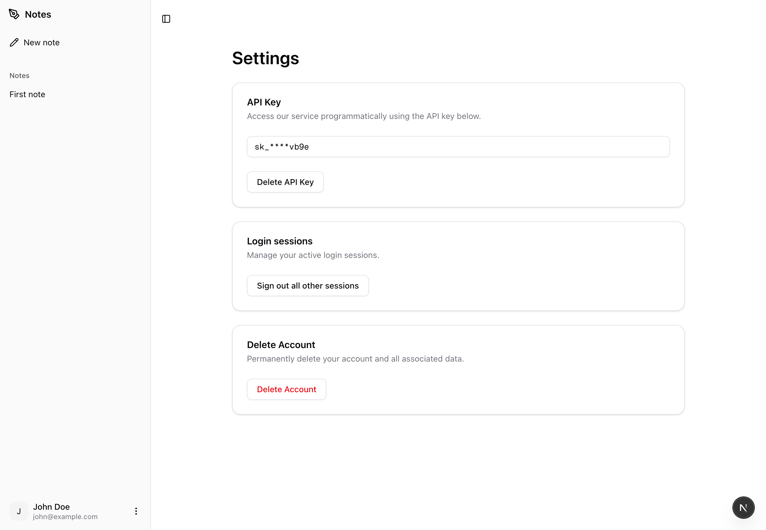 Settings page of the dummy app
